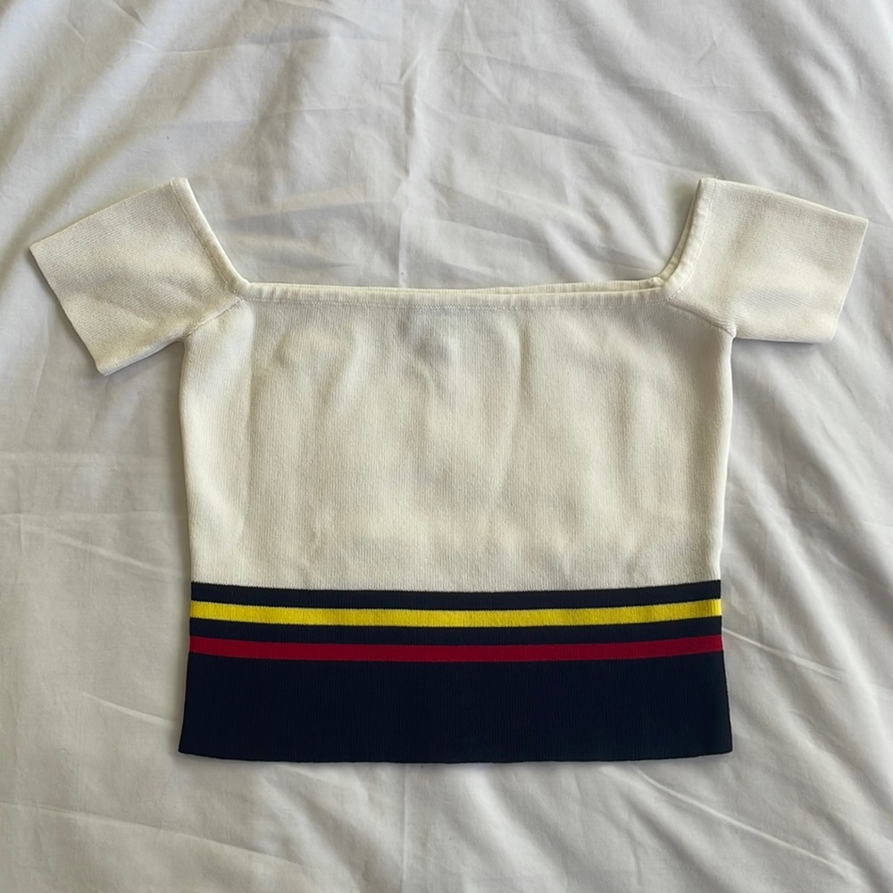 Blue Blush striped cropped bandage top in white, navy, red & yellow